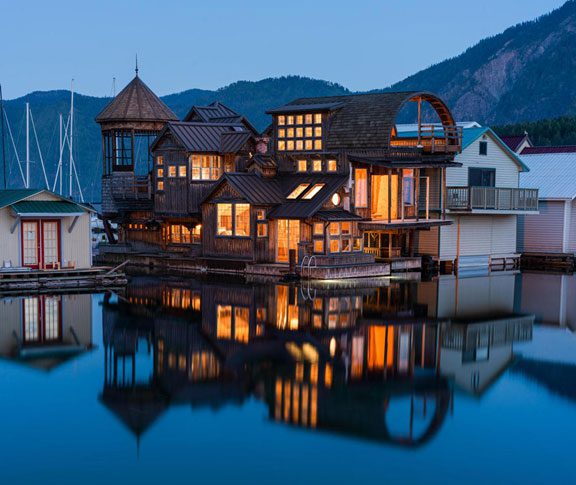 a floating house at night