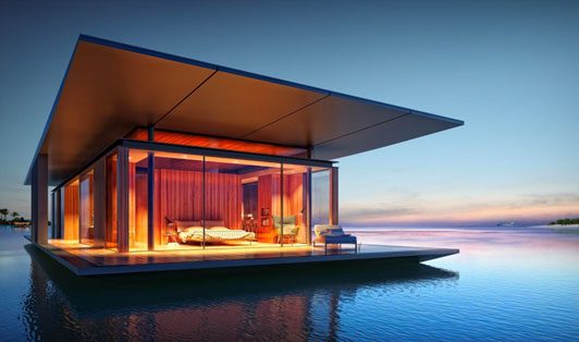 a beautiful floating house on sunset
