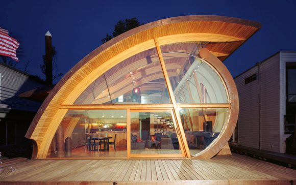a unique curve roof floating house